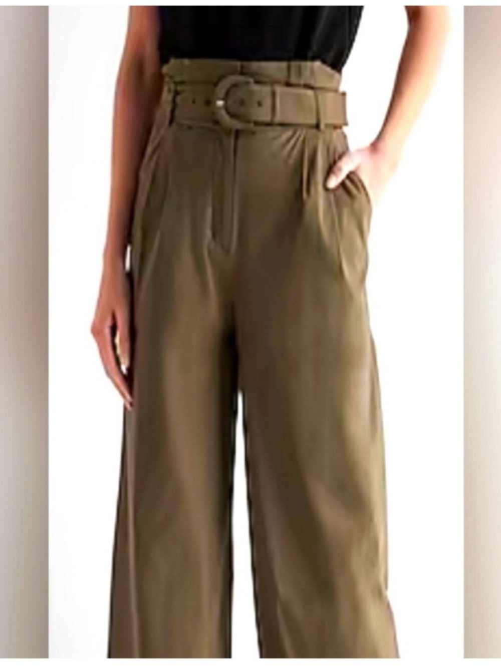 Express Olive Green High-Waist Belted Wide-Leg Pants